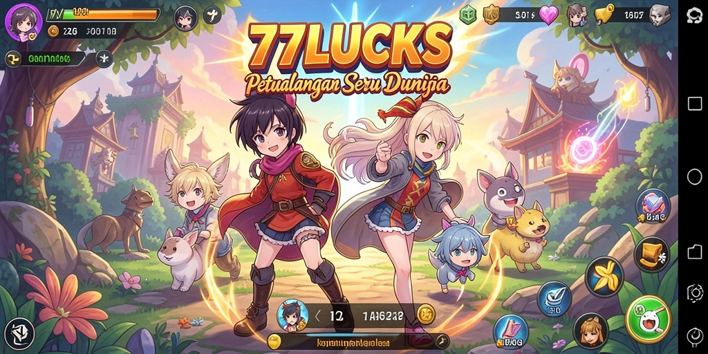 Screenshot utama 77LUCKS menampilkan karakter anime dalam pertempuran yang mendebarkan.