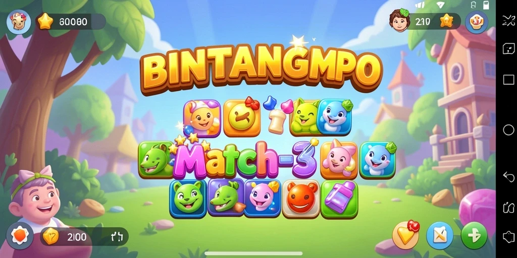 Tampilan gameplay BINTANGMPO dengan colorful gems dalam permainan Match-3.