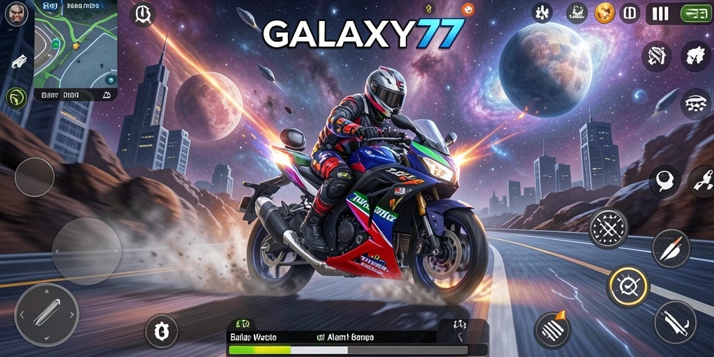 Tampilan gameplay seru dari balapan motor di luar angkasa.