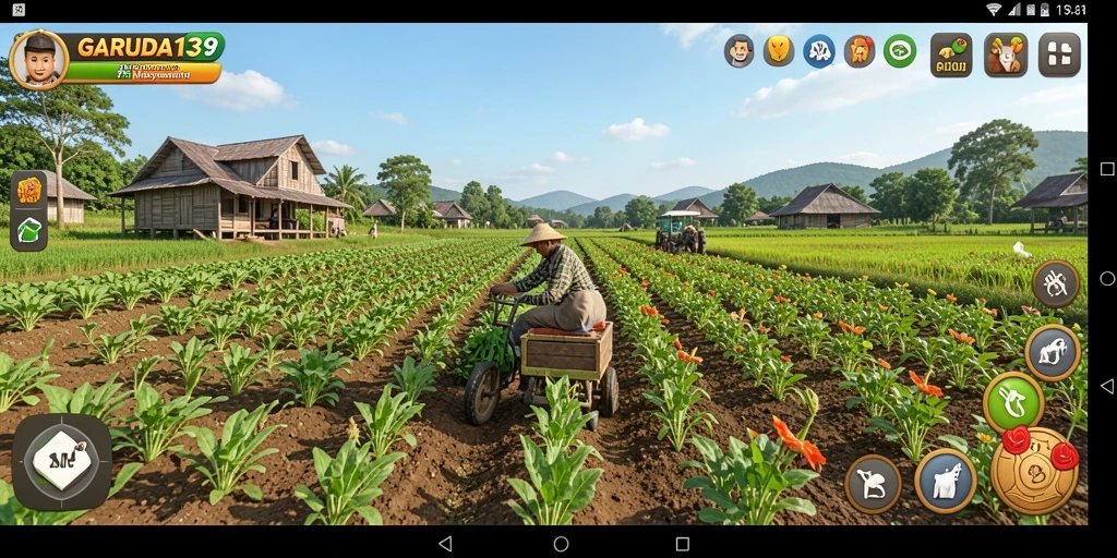Tangkapan layar gameplay GARUDA138 menampilkan kebun yang indah dan hewan ternak.