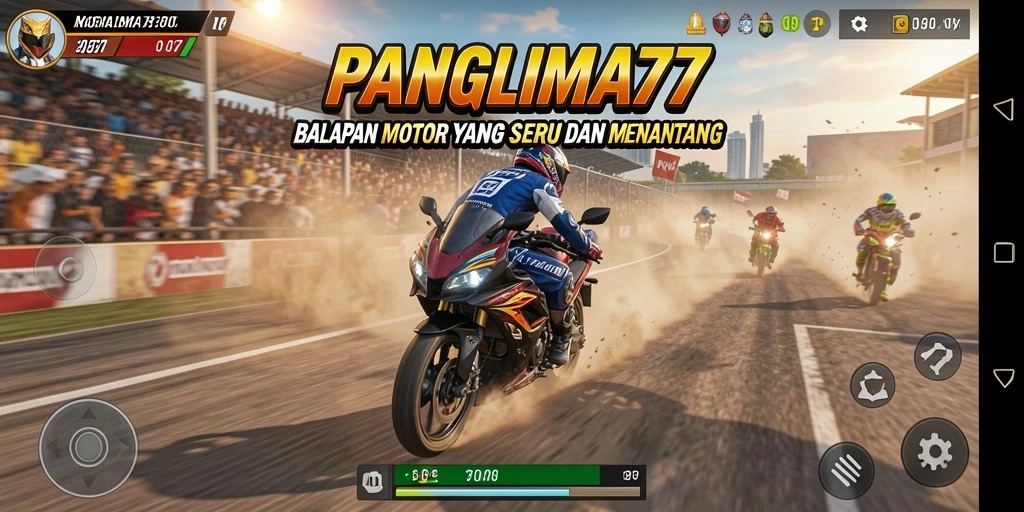 Screenshot gameplay PANGLIMA77 menampilkan aksi balapan motor yang seru.