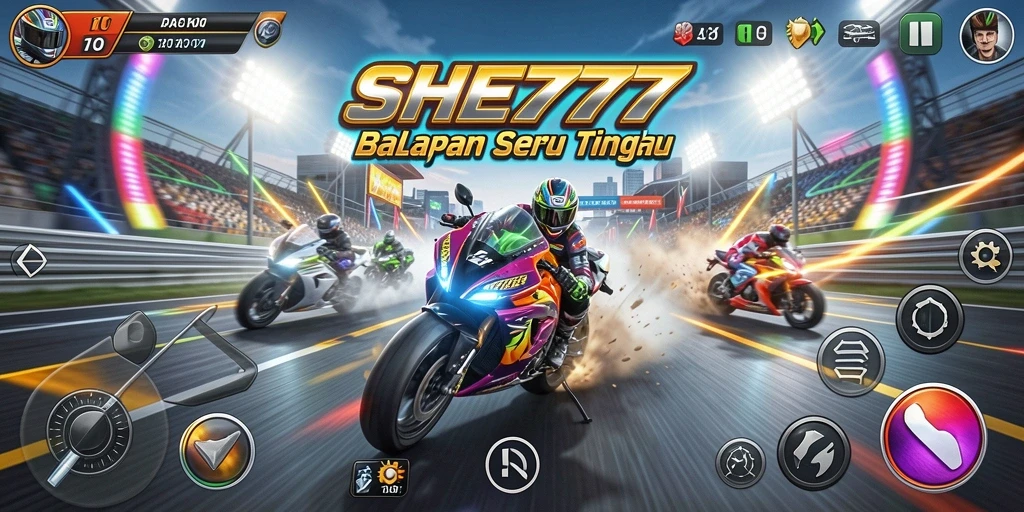Screenshot gameplay SHE777 menunjukkan mobil balap melaju di trek yang menantang.