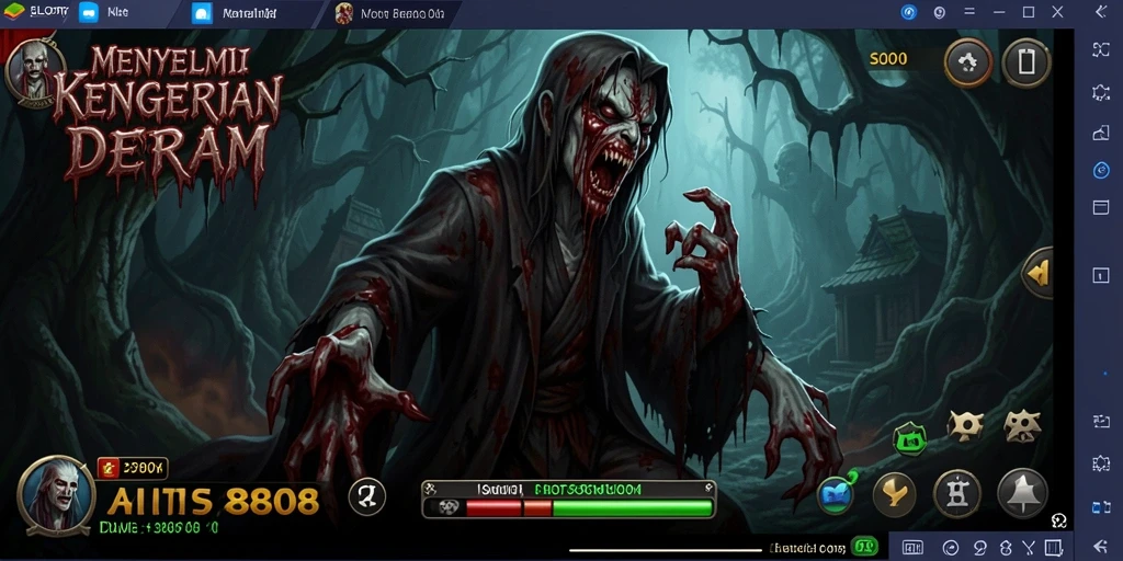 Tampilan gameplay yang mencekam di SLOT8808 dengan suasana menyeramkan.
